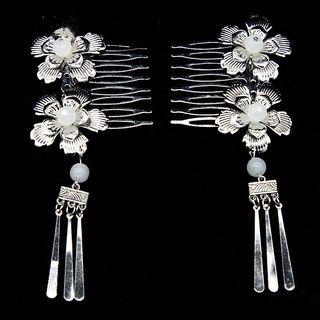 Flower Fringed Hair Clip (various Designs) 2 Pair - Flower & Bar - Silver - One Size