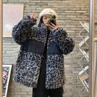 Leopard Print Panel Zip-up Furry Jacket Grayish Blue - One Size