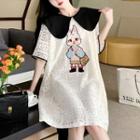 Short-sleeve Rabbit Embroidered A-line Polo Lace Dress