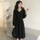 Long-sleeve V-neck Midi A-line Dress Black - One Size
