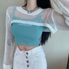 Letter Embroidered Camisole / Long-sleeve Cropped Pointelle Knit Top