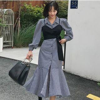 Set: Long-sleeve Plaid Midi Mermaid Shirtdress + Crop Cami Top