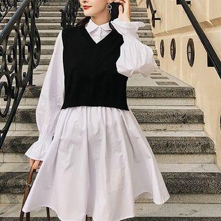 Set: Long-sleeve A-line Shirt Dress + Knit Vest