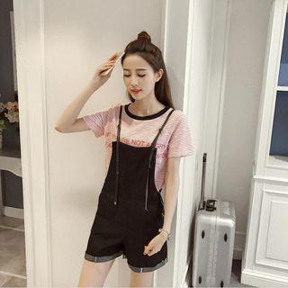 Set: Short-sleeve T-shirt + Spaghetti Strap Short Dungaree