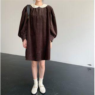 Long-sleeve Lace Collar Shift Corduroy Dress