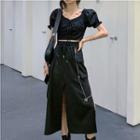 Puff-sleeve Cropped Blouse / Slit Midi A-line Cargo Skirt