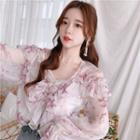 Set: Bell-sleeve Floral Blouse + Camisole Set - As Shown In Figure - One Size