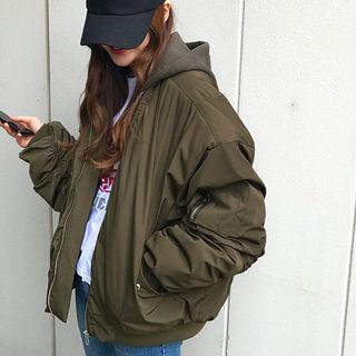 Detachable-hood Shirred-sleeve Padded Flight Jacket