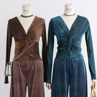 Twisted V-neck Glitter Top