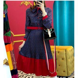 Long-sleeve Floral Midi Pleated Dress