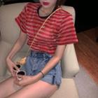 Short-sleeve Striped Cropped T-shirt Red - One Size