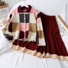 Lace-trim Plaid Knit Top / Colorblock A-line Skirt