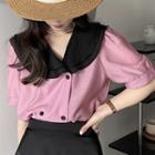 Short-sleeve Two-tone Double-breasted Blouse