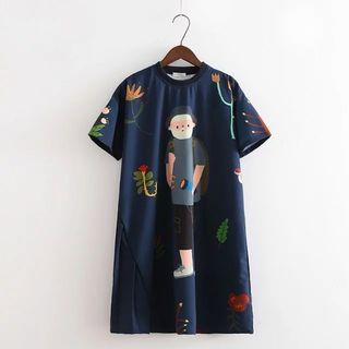 Short-sleeve Print Shift Dress Dark Blue - One Size