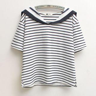 Stripe Short-sleeve Sailor Collar T-shirt