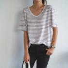 V-neck Stripe Linen T-shirt