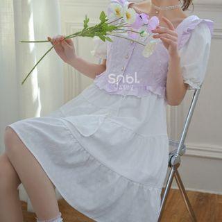 Puff-sleeve Square-neck A-line Dress / Ruffled Camisole Top