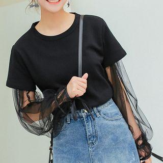 Mock Two-piece Mesh Panel Long-sleeve T-shirt