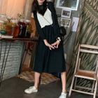 Long-sleeve Midi A-line Dress / Pointelle Crop Knit Camisole