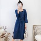 3/4-sleeve Contrast Trim Midi A-line Dress