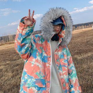 Furry Tie Dye Zipped Hooded Jacket