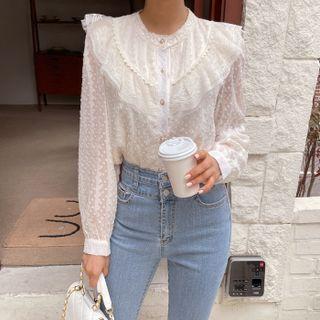 Frill-trim Lace Blouse Cream - One Size