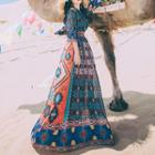 Set: Elbow-sleeve Cutout Shoulder Print Maxi A-line Dress + Tube Top