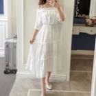Off-shoulder Lace Trim 3/4-sleeve Midi Dress