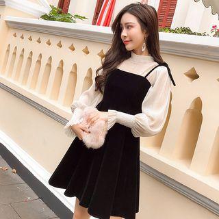 Set: Long-sleeve Top + Spaghetti Strap Velvet Mini Dress