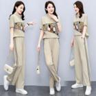 Set: Short Sleeve Stand Collar Half-zip Printed T-shirt + Striped Straight Leg Pants