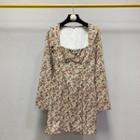 Long-sleeve Square-neck Floral Print A-line Dress