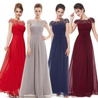 Lace Yoke Cap Sleeve A-line Evening Gown