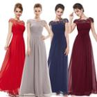 Lace Yoke Cap Sleeve A-line Evening Gown