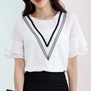 Contrast Trim Chiffon Short Sleeve Top