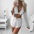 Set: Long-sleeve Lace-up Cropped Top + Lace Shorts