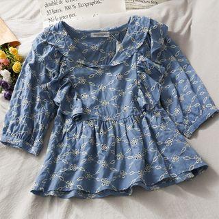 Stitched Ruffled-trim Peplum Top Blue - One Size