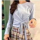 Crew-neck Tie-waist Long-sleeve T-shirt