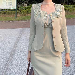 Long-sleeve Square Neck Blazer / Sleeveless Midi Sheath Dress / Set