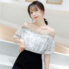 Elbow-sleeve Perforated Trim Cold Shoulder Chiffon Top