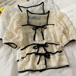 Contrasted Tie-accent Ruffled Crop Shirt