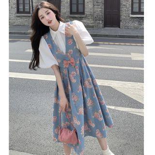 Puff-sleeve Shirt / Floral Print Midi Overall Dress