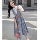 Puff-sleeve Shirt / Floral Print Midi Overall Dress