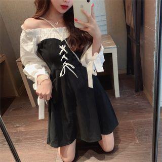 Off-shoulder Two Tone Long Sleeve Lace-up A-line Dress