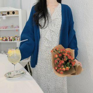 V-neck Cardigan / Long-sleeve Ruffle-trim Print Midi A-line Dress