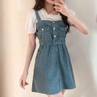 Puff-sleeve Ruffle Blouse / Denim Overall Dress