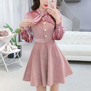 Long-sleeve Velvet Panel Mini A-line Dress