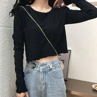 Long-sleeve Ruffle Trim Slim Fit Cropped T-shirt