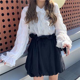 Frilled Long-sleeve Loose-fit Blouse / High-waist Skirt