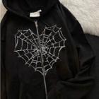Hooded Rhinestone Spider Web Zip Jacket