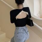 Long-sleeve Ruffled Open-back T-shirt Black - One Size